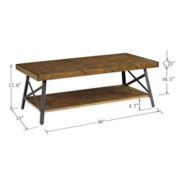 Emerald Home Furnishings Chandler Rustic Industrial Solid Wood and Steel Coffee Table with Open Shelf, Pine Brown,48"