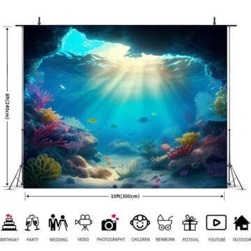 Under The Sea Backdrop 10x8ft Seabed Underwater World Ocean Coral Fish Deep Sea Photography Background Children Kids Birthday Party Banner Decorations Aquarium Backdrops
