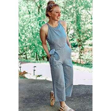PRETTYGARDEN 2018 Women's Striped sleeveless Waist Belted Zipper Back Wide Leg Loose Jumpsuit Romper with Pockets (Blue, Small)