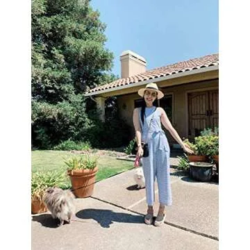 PRETTYGARDEN 2018 Women's Striped sleeveless Waist Belted Zipper Back Wide Leg Loose Jumpsuit Romper with Pockets (Blue, Small)