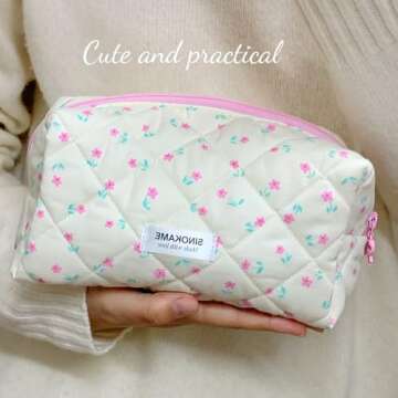 SINOKAME Travel Makeup Bag, Cute Quilted Aesthetic Handmade Cotton Cosmetic Bags for Women, Handmade...