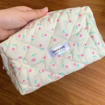 SINOKAME Travel Makeup Bag, Cute Quilted Aesthetic Handmade Cotton Cosmetic Bags for Women, Handmade Cute Coquette Aesthetic Floral Toiletry Storage Bag, Cream Florals