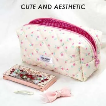 SINOKAME Travel Makeup Bag, Cute Quilted Aesthetic Handmade Cotton Cosmetic Bags for Women, Handmade Cute Coquette Aesthetic Floral Toiletry Storage Bag, Cream Florals