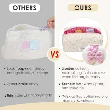 SINOKAME Travel Makeup Bag, Cute Quilted Aesthetic Handmade Cotton Cosmetic Bags for Women, Handmade Cute Coquette Aesthetic Floral Toiletry Storage Bag, Cream Florals