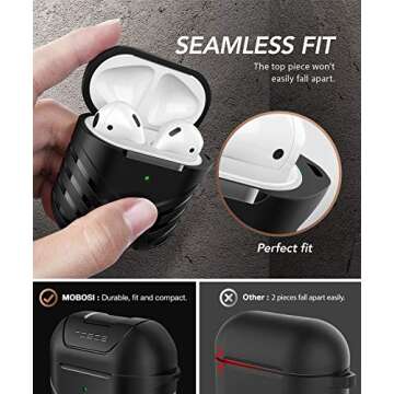 MOBOSI Military Cover Designed for AirPods 2 & 1, Full-Body Protective Vanguard Armor Series Case with Keychain, Wireless Charging Case, Black [Front LED Visible]