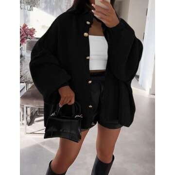 PRETTYGARDEN Women's Winter Button Down Cardigan Sweaters Mock Neck Lantern Long Sleeve Chunky Knit Jacket Trendy Outerwear (Black,Small)