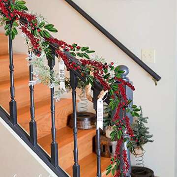 DearHouse 6Feet Red Berry Christmas Garland with Green Leaves Wired Christmas Berry Garland Artifica...