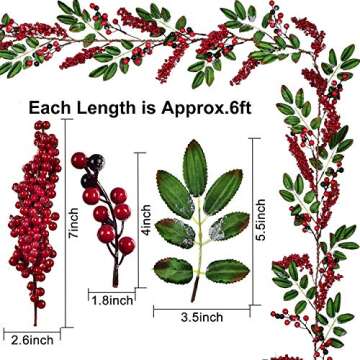 DearHouse 6Feet Red Berry Christmas Garland with Green Leaves Wired Christmas Berry Garland Artificail Garland Indoor Outdoor Garden Gate Home Table Runner Decoration for Winter Holiday New Year Decor