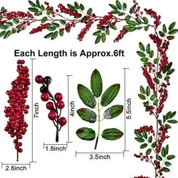 DearHouse 6Feet Red Berry Christmas Garland with Green Leaves Wired Christmas Berry Garland Artificail Garland Indoor Outdoor Garden Gate Home Table Runner Decoration for Winter Holiday New Year Decor