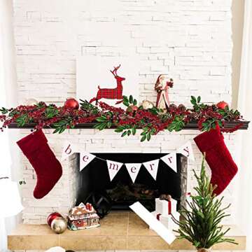 DearHouse 6Feet Red Berry Christmas Garland with Green Leaves Wired Christmas Berry Garland Artificail Garland Indoor Outdoor Garden Gate Home Table Runner Decoration for Winter Holiday New Year Decor