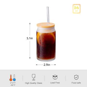 SUNNOW Vastto 16 Ounce Frosted Glass Cups with Bamboo Lids and Straws,Can Tumbler Glasses,Iced Coffe...