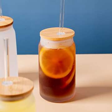 SUNNOW Vastto 16 Ounce Frosted Glass Cups with Bamboo Lids and Straws,Can Tumbler Glasses,Iced Coffee Cups for Home Dinning, Bar and Party,Set of 4