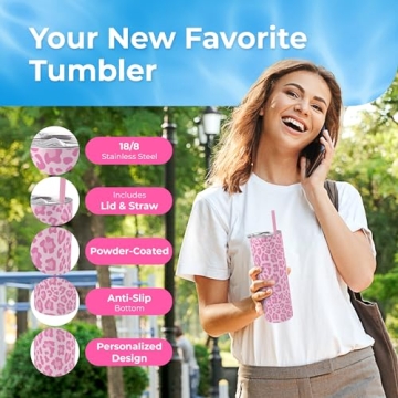 Leopard Print Vacuum Insulated Stainless Steel Skinny Tumbler with Straw - Coffee Mug with Lid, Tea Cup for Travel, Pet Mom, Pet Dad Gifts for Pet Lovers - Insulated Water Bottle - Woman Travel Mug