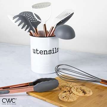 Cook With Color 10 Piece Nylon Cooking Utensil Set with Holder, Kitchen Tools and Gadgets with Rounded Copper Handles - Gray and White