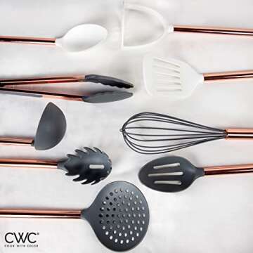 Cook With Color 10 Piece Nylon Cooking Utensil Set with Holder, Kitchen Tools and Gadgets with Rounded Copper Handles - Gray and White