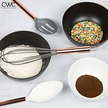 Cook With Color 10 Piece Nylon Cooking Utensil Set with Holder, Kitchen Tools and Gadgets with Rounded Copper Handles - Gray and White