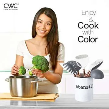 Cook With Color 10 Piece Nylon Cooking Utensil Set with Holder, Kitchen Tools and Gadgets with Rounded Copper Handles - Gray and White