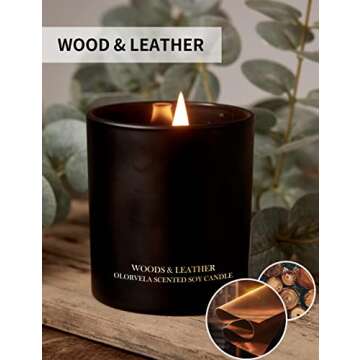 olorvela Candles for Men Wood Wicked Candles for Home Scented Mens Candle Aromatherapy 8oz, 50hr Burn Time, Woods & Leather Candle All Natural Soy Candles