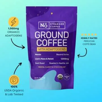 Mushroom Coffee - Organic Dark Roast with Lion's Mane & Reishi - Boosts Focus, Stress Relief & Immun...