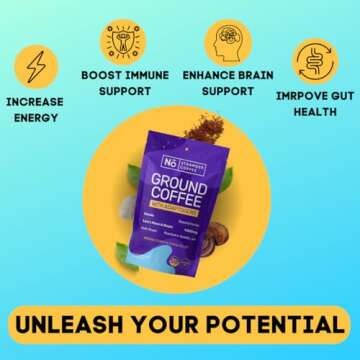 Mushroom Coffee - Organic Dark Roast with Lion's Mane & Reishi - Boosts Focus, Stress Relief & Immune Health - 10oz Ground Beans with Adaptogens