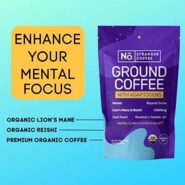 Mushroom Coffee - Organic Dark Roast with Lion's Mane & Reishi - Boosts Focus, Stress Relief & Immune Health - 10oz Ground Beans with Adaptogens