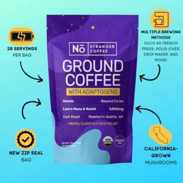 Mushroom Coffee - Organic Dark Roast with Lion's Mane & Reishi - Boosts Focus, Stress Relief & Immune Health - 10oz Ground Beans with Adaptogens