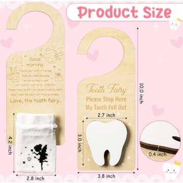 2ooya 2Pcs Wooden Tooth Fairy Door Hanger Set White Tooth Fairy Money Holder with Tooth Bag Cute Tooth Fairy Wooden Door Hanging Sign with Tooth Fairy Pouch Bag Pick up Box Gift for Lost Teeth Kids