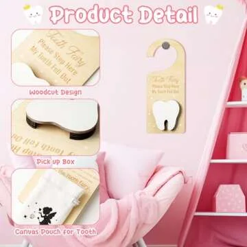 2ooya 2Pcs Wooden Tooth Fairy Door Hanger Set White Tooth Fairy Money Holder with Tooth Bag Cute Tooth Fairy Wooden Door Hanging Sign with Tooth Fairy Pouch Bag Pick up Box Gift for Lost Teeth Kids