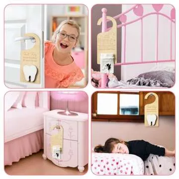 2ooya 2Pcs Wooden Tooth Fairy Door Hanger Set White Tooth Fairy Money Holder with Tooth Bag Cute Tooth Fairy Wooden Door Hanging Sign with Tooth Fairy Pouch Bag Pick up Box Gift for Lost Teeth Kids