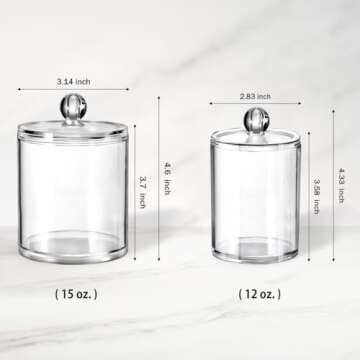 Amolliar Bathroom Vanity Storage Organizer Canister Holder Apothecary Jars Set for Qtips,Cotton Balls,Swabs,Rounds,Makeup Sponges,Bath Salts,Premium Plastic Acrylic, Clear | 12oz.and 15oz.