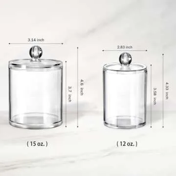 Amolliar Bathroom Vanity Storage Organizer Canister Holder Apothecary Jars Set for Qtips,Cotton Balls,Swabs,Rounds,Makeup Sponges,Bath Salts,Premium Plastic Acrylic, Clear | 12oz.and 15oz.