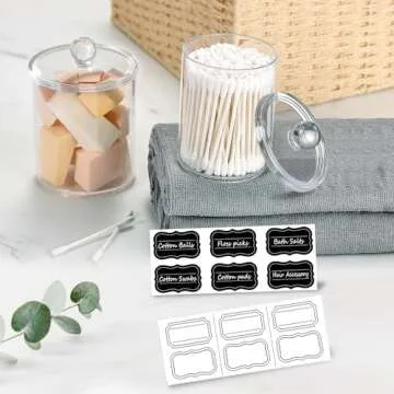 Amolliar Bathroom Vanity Storage Organizer Canister Holder Apothecary Jars Set for Qtips,Cotton Balls,Swabs,Rounds,Makeup Sponges,Bath Salts,Premium Plastic Acrylic, Clear | 12oz.and 15oz.