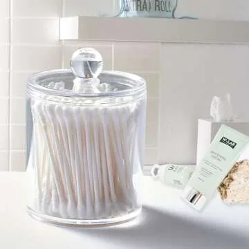 Amolliar Bathroom Vanity Storage Organizer Canister Holder Apothecary Jars Set for Qtips,Cotton Balls,Swabs,Rounds,Makeup Sponges,Bath Salts,Premium Plastic Acrylic, Clear | 12oz.and 15oz.