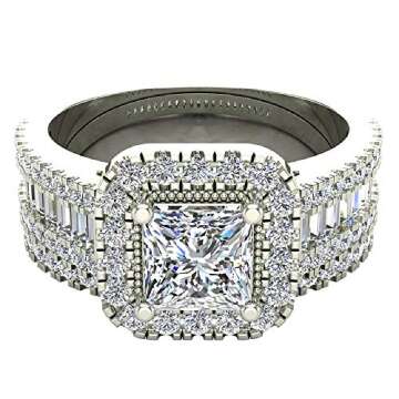 Glitz Design 14K Solid White Gold Princess Cushion Halo Diamond Wedding Ring Set (RS 6)