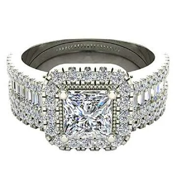 Glitz Design 14K Solid White Gold Princess Cushion Halo Diamond Wedding Ring Set (RS 6)