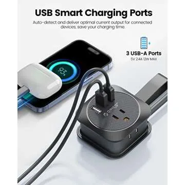 ORICO Travel Essentials,Travel Power Strip with USB Ports,2 Outlets 3 USB Ports 4ft Wrapped Around Short Extension Cord,Non Surge Protector for Hotel,Travel,Cruise Ship Essentials,Dorm Room