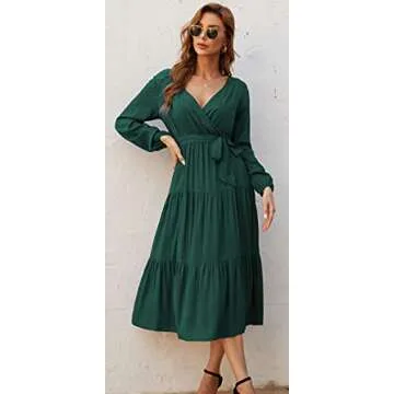 Kormei Womens Wrap V Neck Long Sleeve Casual A Line Tiered Fall Vintage Party Midi Long Maxi Dress M Green