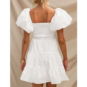 ZESICA Women's 2024 Boho Summer Square Neck Puff Sleeve Off Shoulder Smocked Tiered Casual A Line Short Mini Dress,White,X-Large
