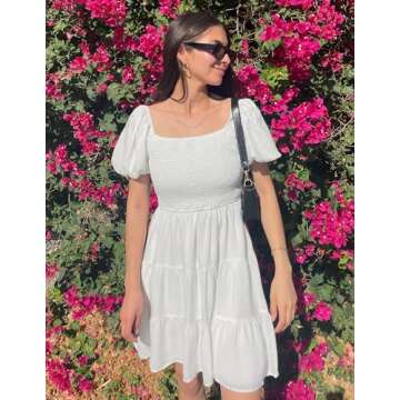 ZESICA Women's 2024 Boho Summer Square Neck Puff Sleeve Off Shoulder Smocked Tiered Casual A Line Short Mini Dress,White,X-Large