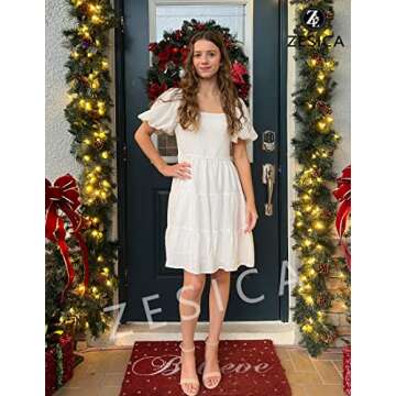 ZESICA Women's 2024 Boho Summer Square Neck Puff Sleeve Off Shoulder Smocked Tiered Casual A Line Short Mini Dress,White,X-Large