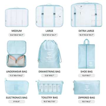 Travel Organizer, Mossio 9 Set Breathable Mesh Packing Pouches Pods for Traveler Sky Blue