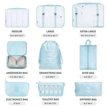 Travel Organizer, Mossio 9 Set Breathable Mesh Packing Pouches Pods for Traveler Sky Blue