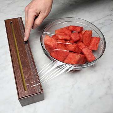 ChicWrap Wood Grain Refillable Plastic Wrap Dispenser with 250' of Professional BPA Free Plastic Wrap - Reusable Dispenser with Slide Cutter