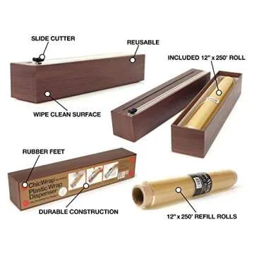 ChicWrap Wood Grain Refillable Plastic Wrap Dispenser with 250' of Professional BPA Free Plastic Wrap - Reusable Dispenser with Slide Cutter