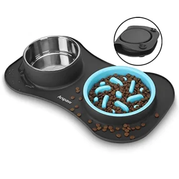 Anipaw Slow Feeder Dog Bowls 3 in 1 Stainless Steel Food and Water Bowls with Non-Spill and Skid Sil...