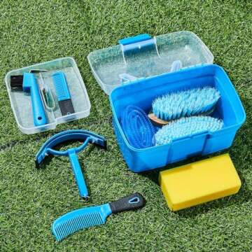 Cunhill 9 Pieces Horse Grooming Kit Tack Room Supplies Set with Organizer Tote Box, Oval Massage Curry, Hard and Soft Brush, Hoof Pick, Sweat Scraper, Bathing Sponge, Combs for Horse Riders Beginners