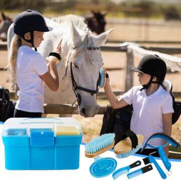 Cunhill 9 Pieces Horse Grooming Kit Tack Room Supplies Set with Organizer Tote Box, Oval Massage Curry, Hard and Soft Brush, Hoof Pick, Sweat Scraper, Bathing Sponge, Combs for Horse Riders Beginners