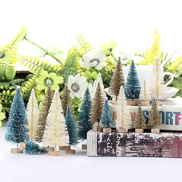 UHBGT Mini Tabletop Christmas Tree, 24pcs Miniature Pine Trees Frosted Sisal Trees with Wood Base DIY Crafts Home Decor Christmas Ornaments Green, Gold and Ivory,Mix Color