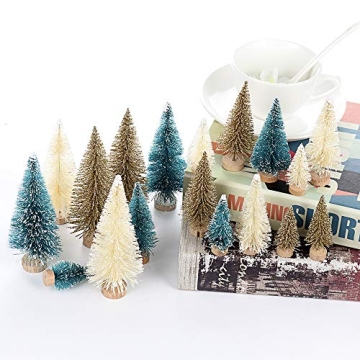 UHBGT Mini Tabletop Christmas Tree, 24pcs Miniature Pine Trees Frosted Sisal Trees with Wood Base DIY Crafts Home Decor Christmas Ornaments Green, Gold and Ivory,Mix Color