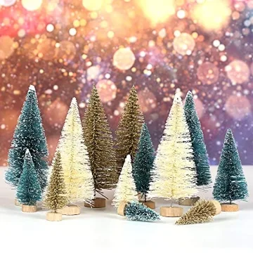 UHBGT Mini Tabletop Christmas Tree, 24pcs Miniature Pine Trees Frosted Sisal Trees with Wood Base DIY Crafts Home Decor Christmas Ornaments Green, Gold and Ivory,Mix Color